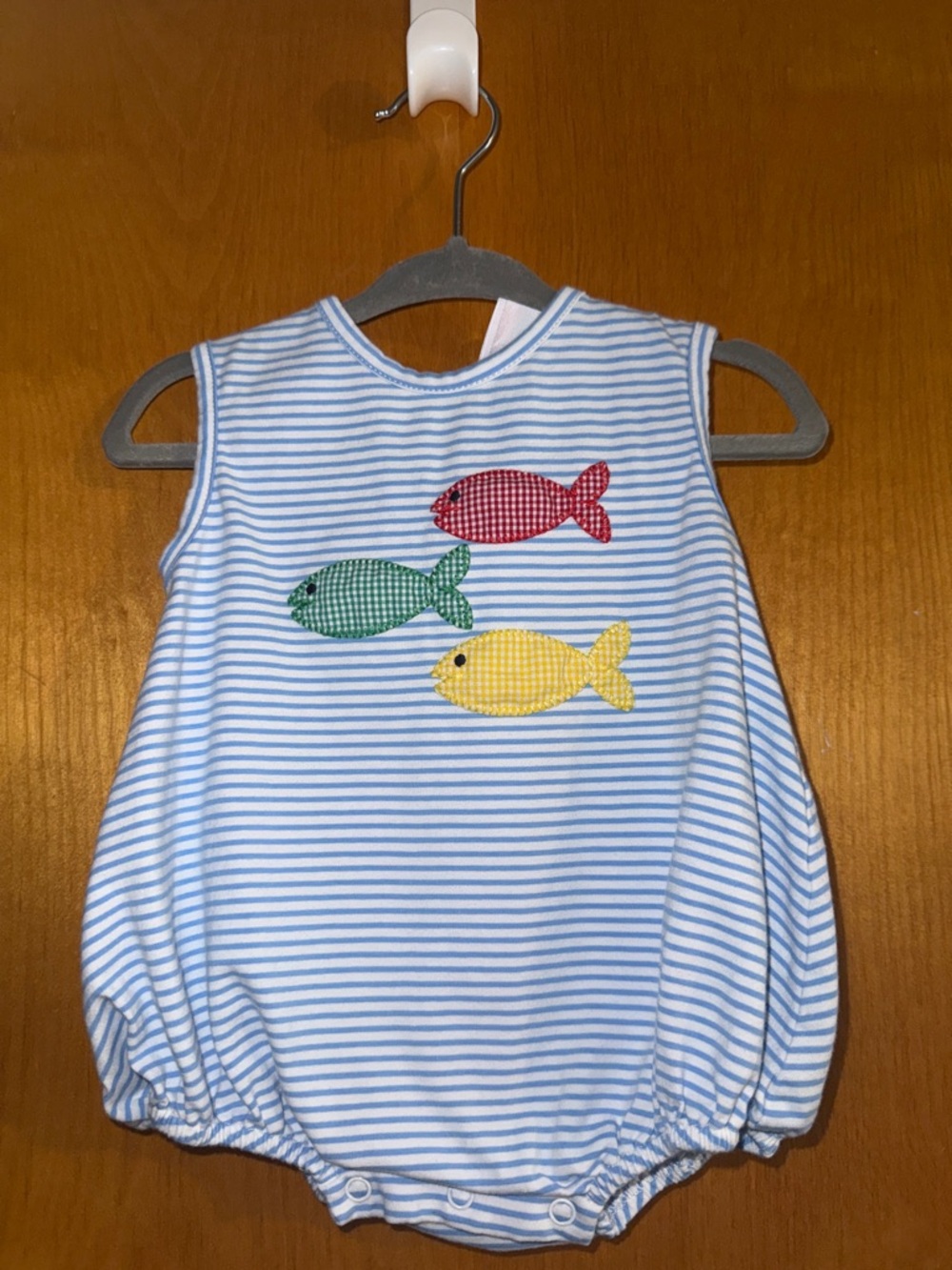 Striped Baby Bubble Romper with Colorful Fish Appliqués
